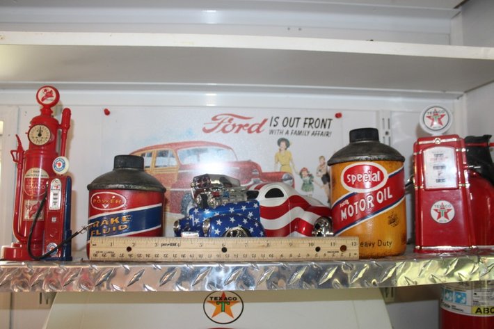 Image for Model Gas Pumps, Oil Can Stash Containers, a Master Mechanic's Willys Coupe Hot Rod, and a Tin Ford Sign