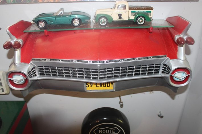 Image for 1959 Cadillac Eldorado Wall Shelf with Two 1:24 Scale Diecast Cars, 1967 Corvette and a Golden Ford Forty, Display Shelf Measures 21 x 17 x 8.5