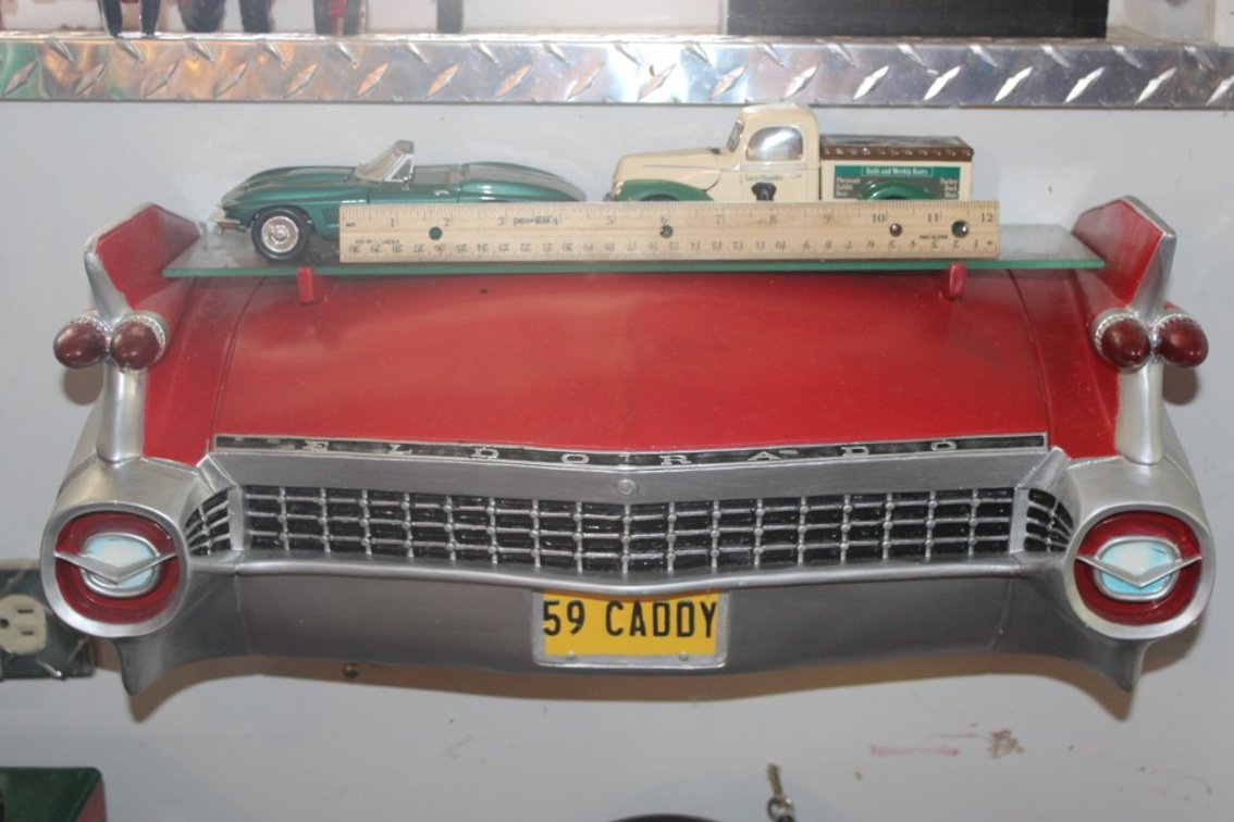 1959 Cadillac Eldorado Wall Shelf with Two 1:24 Scale Diecast Cars, 1967 Corvette and a Golden Ford Forty, Display Shelf Measures 21 x 17 x 8.5
