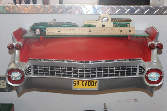 Image for 1959 Cadillac Eldorado Wall Shelf with Two 1:24 Scale Diecast Cars, 1967 Corvette and a Golden Ford Forty, Display Shelf Measures 21 x 17 x 8.5