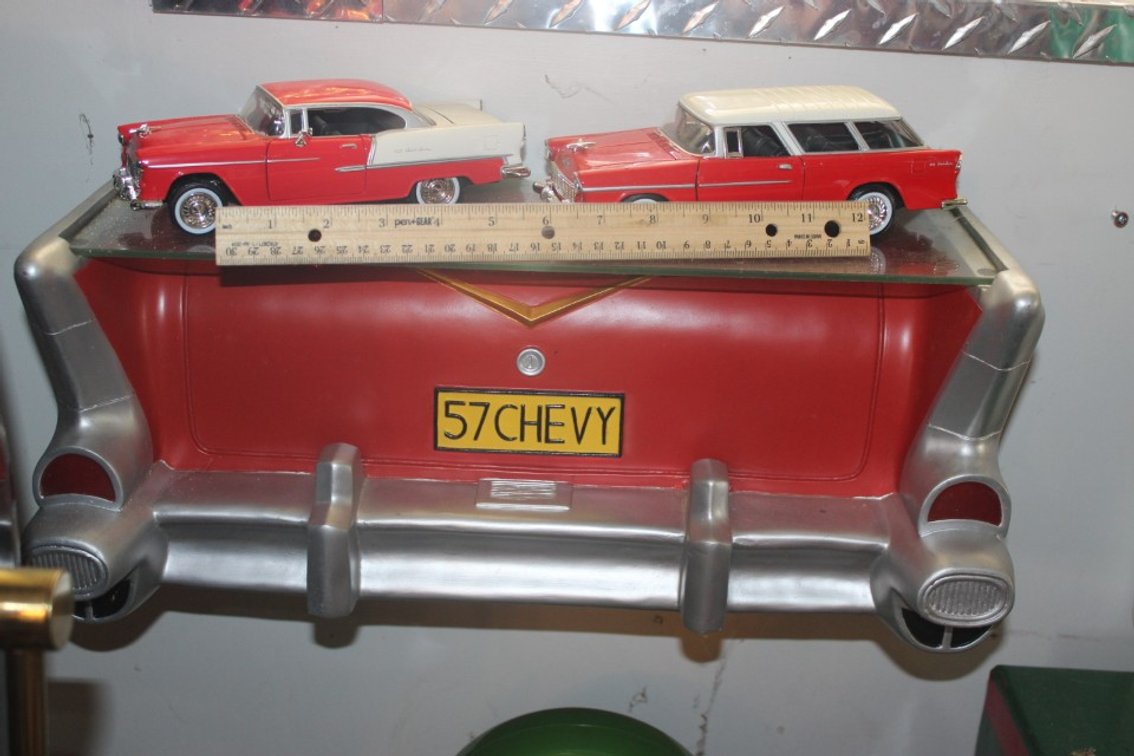 Plastic 57 Chevy Display Shelf with Two 1:24 Scale Diecast Cars, 55 Chevy Bel Air and 55 Chevy Bel Air Nomad Wagon, Shelf Measures 20 x 8 x 9