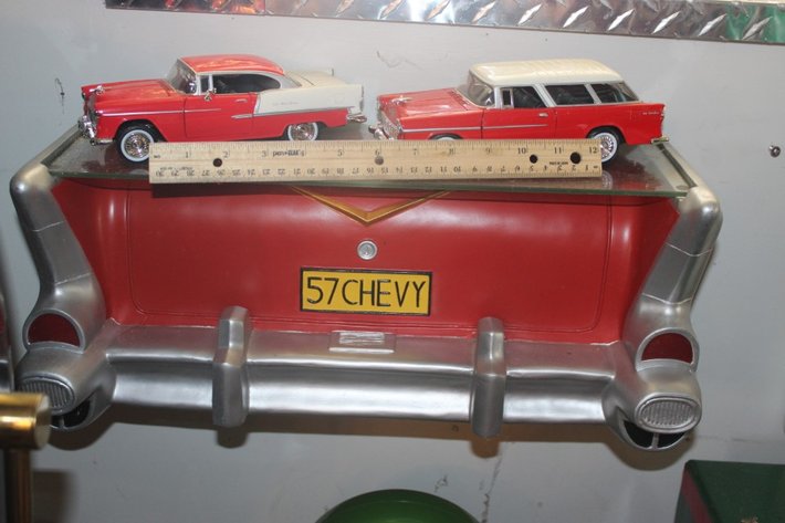 Image for Plastic 57 Chevy Display Shelf with Two 1:24 Scale Diecast Cars, 55 Chevy Bel Air and 55 Chevy Bel Air Nomad Wagon, Shelf Measures 20 x 8 x 9