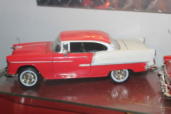 Image for Plastic 57 Chevy Display Shelf with Two 1:24 Scale Diecast Cars, 55 Chevy Bel Air and 55 Chevy Bel Air Nomad Wagon, Shelf Measures 20 x 8 x 9