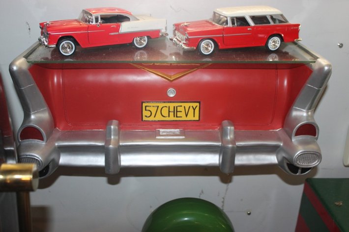 Image for Plastic 57 Chevy Display Shelf with Two 1:24 Scale Diecast Cars, 55 Chevy Bel Air and 55 Chevy Bel Air Nomad Wagon, Shelf Measures 20 x 8 x 9
