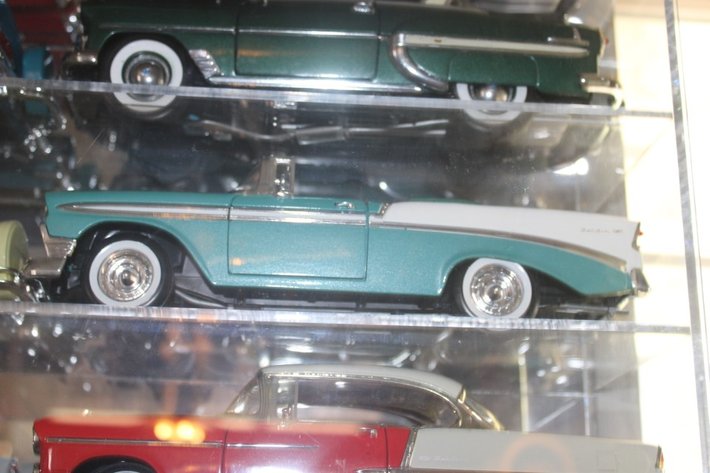 Image for Plexiglas Die Cast Display Shelf with 12 1:18 Scale Models Including Sunstar 1963 Nova, 1960 Chevy Impala, Ertl 1955 Chevy Bel Air, Precision 1956 Chevy Bel Air, Ertl 1958 Chevy Impala, Signature 1956 Chevy Bel Air, 1959 Impala, Sun Star 1953 Bel Air