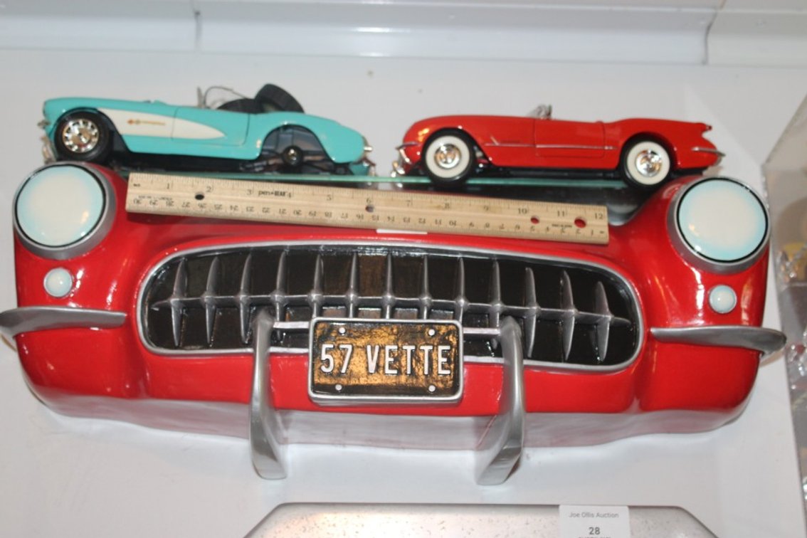 1957 Corvette Display Shelf with Two 1:18 Scale Diecast Including 1957 Corvette with a Loose Windshield and Two Loose Wheels, and a 1954 Corvette by Mira, Display Shelf Measures 20 x 6 x 9