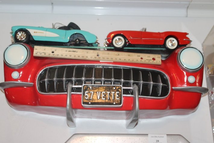 Image for 1957 Corvette Display Shelf with Two 1:18 Scale Diecast Including 1957 Corvette with a Loose Windshield and Two Loose Wheels, and a 1954 Corvette by Mira, Display Shelf Measures 20 x 6 x 9