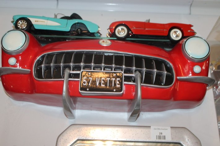 Image for 1957 Corvette Display Shelf with Two 1:18 Scale Diecast Including 1957 Corvette with a Loose Windshield and Two Loose Wheels, and a 1954 Corvette by Mira, Display Shelf Measures 20 x 6 x 9