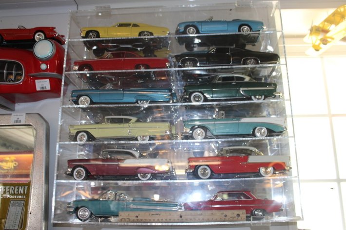 Image for Plexiglas Die Cast Display Shelf with 12 1:18 Scale Models Including Sunstar 1963 Nova, 1960 Chevy Impala, Ertl 1955 Chevy Bel Air, Precision 1956 Chevy Bel Air, Ertl 1958 Chevy Impala, Signature 1956 Chevy Bel Air, 1959 Impala, Sun Star 1953 Bel Air