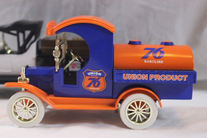 Image for Five 1:24 Scale Diecast Advertising Cars: Tractor Supply 1918 Runabout, Union 76 1912 Delivery Car Christmas Delivery Bank, Ertl 1913 Model T Van Mobil Oil, Ertl Kenworth Truck, and Doc Arnold Ertl 1923 Delivery Van Coin Bank