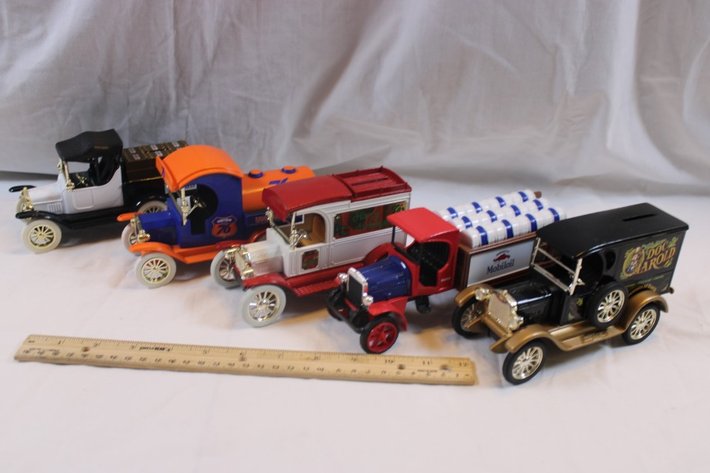 Image for Five 1:24 Scale Diecast Advertising Cars: Tractor Supply 1918 Runabout, Union 76 1912 Delivery Car Christmas Delivery Bank, Ertl 1913 Model T Van Mobil Oil, Ertl Kenworth Truck, and Doc Arnold Ertl 1923 Delivery Van Coin Bank