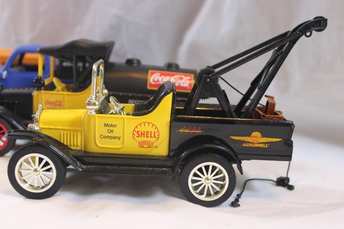 Image for Five 1:24 Scale Diecast Advertising Cars: Minneapolis Moline Liberty '55 Chevy Coin Bank, Wix Filters Ertl 1951 Ford Pickup Coin Bank, Coca-Cola 1918 Runabout Gearbox Coin Bank, Shell Oil 1918 Runabout Wrecker Gearbox Coin Bank