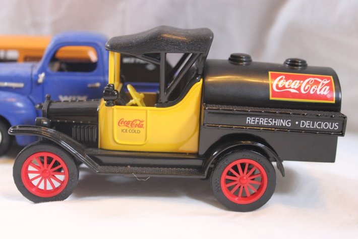 Image for Five 1:24 Scale Diecast Advertising Cars: Minneapolis Moline Liberty '55 Chevy Coin Bank, Wix Filters Ertl 1951 Ford Pickup Coin Bank, Coca-Cola 1918 Runabout Gearbox Coin Bank, Shell Oil 1918 Runabout Wrecker Gearbox Coin Bank