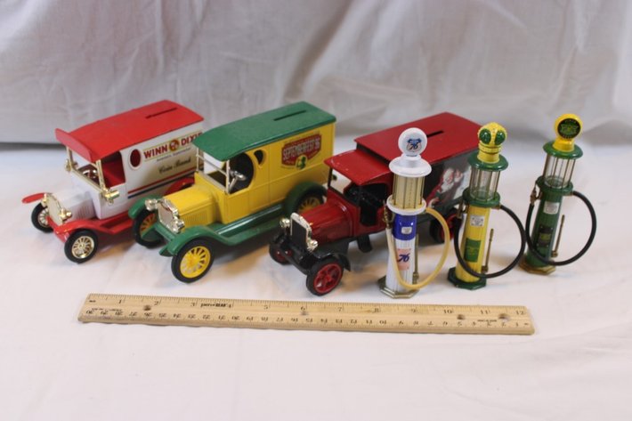 Image for Three 1:24 Scale Cast Iron Banks and Miniature Gas Pumps: Winn-Dixie Golden, Coca-Cola September Fest '96 Ertl 1923 Delivery Van, and Coca-Cola Ertl Kenworth Delivery