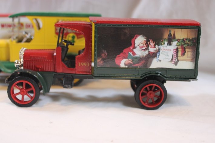 Image for Three 1:24 Scale Cast Iron Banks and Miniature Gas Pumps: Winn-Dixie Golden, Coca-Cola September Fest '96 Ertl 1923 Delivery Van, and Coca-Cola Ertl Kenworth Delivery