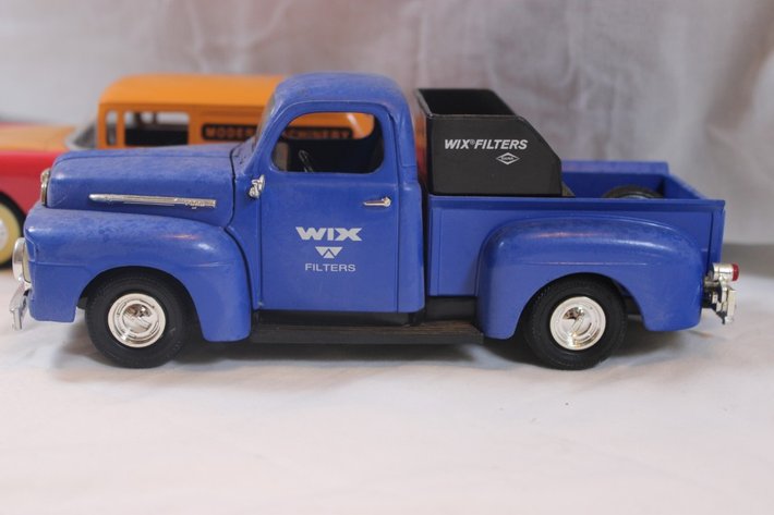 Image for Five 1:24 Scale Diecast Advertising Cars: Minneapolis Moline Liberty '55 Chevy Coin Bank, Wix Filters Ertl 1951 Ford Pickup Coin Bank, Coca-Cola 1918 Runabout Gearbox Coin Bank, Shell Oil 1918 Runabout Wrecker Gearbox Coin Bank
