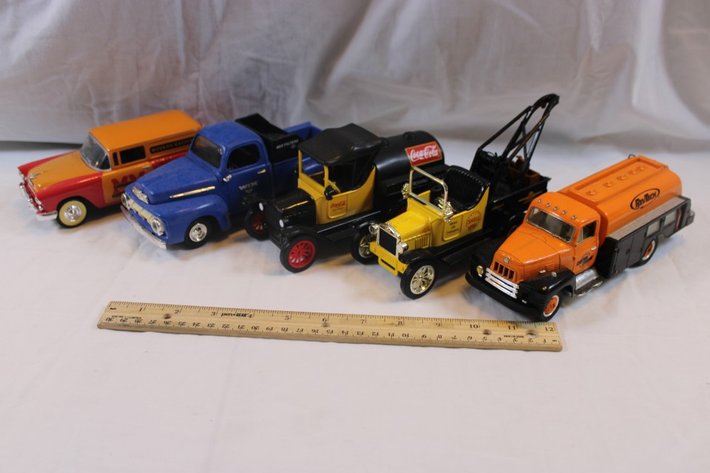 Image for Five 1:24 Scale Diecast Advertising Cars: Minneapolis Moline Liberty '55 Chevy Coin Bank, Wix Filters Ertl 1951 Ford Pickup Coin Bank, Coca-Cola 1918 Runabout Gearbox Coin Bank, Shell Oil 1918 Runabout Wrecker Gearbox Coin Bank
