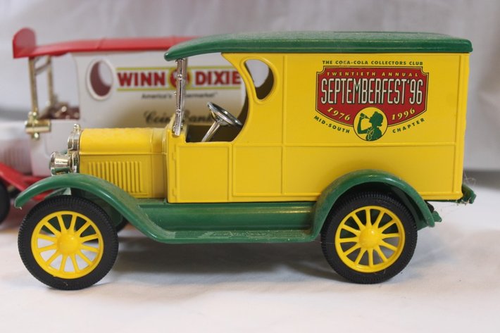 Image for Three 1:24 Scale Cast Iron Banks and Miniature Gas Pumps: Winn-Dixie Golden, Coca-Cola September Fest '96 Ertl 1923 Delivery Van, and Coca-Cola Ertl Kenworth Delivery