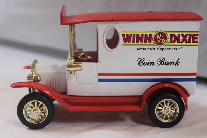 Image for Three 1:24 Scale Cast Iron Banks and Miniature Gas Pumps: Winn-Dixie Golden, Coca-Cola September Fest '96 Ertl 1923 Delivery Van, and Coca-Cola Ertl Kenworth Delivery