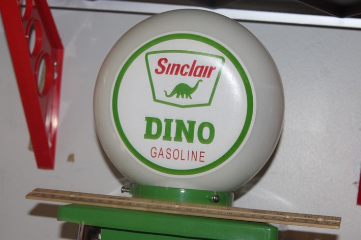 Image for Sinclair Dino Model Gas Pump with Clock, Glass Top Globe, and Light. Measures 40 Inches Tall