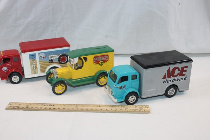Image for Three Diecast Trucks: Coca-Cola September Fest '96 Ertl 1923 Delivery Van 1:24 Scale Coin Bank, Ace Hardware Ertl Collectibles Volvo GM Heavy Truck, and Ertl Collections McCormick Advertising Volvo GM Heavy Truck