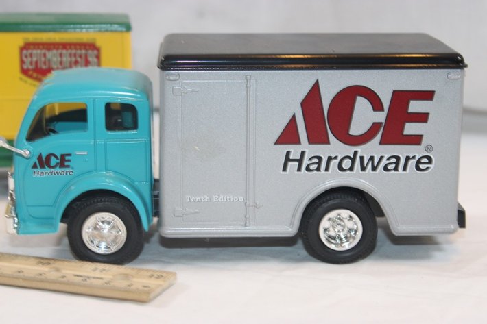 Image for Three Diecast Trucks: Coca-Cola September Fest '96 Ertl 1923 Delivery Van 1:24 Scale Coin Bank, Ace Hardware Ertl Collectibles Volvo GM Heavy Truck, and Ertl Collections McCormick Advertising Volvo GM Heavy Truck