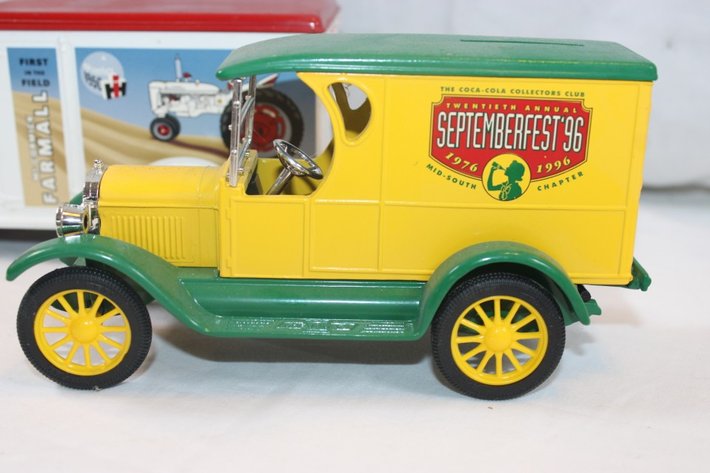 Image for Three Diecast Trucks: Coca-Cola September Fest '96 Ertl 1923 Delivery Van 1:24 Scale Coin Bank, Ace Hardware Ertl Collectibles Volvo GM Heavy Truck, and Ertl Collections McCormick Advertising Volvo GM Heavy Truck