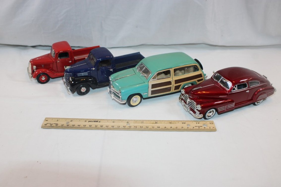 Four 1:24 Scale Cars: 1949 Ford Woody, 1941 Plymouth Truck, 1937 Ford Pickup, and 1948 Chevy Aerocoupe