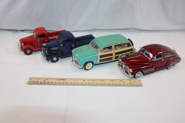 Image for Four 1:24 Scale Cars: 1949 Ford Woody, 1941 Plymouth Truck, 1937 Ford Pickup, and 1948 Chevy Aerocoupe