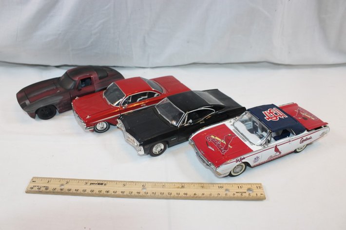 Image for Four 1:24 Scale Diecast Models: Jada 1968 Chevy Corvette Stingray Coupe, Jada 1967 Chevy Impala SS Cardinals Themed, 1961 Ford Thunderbird, and Classic Metal Works '64 Impala