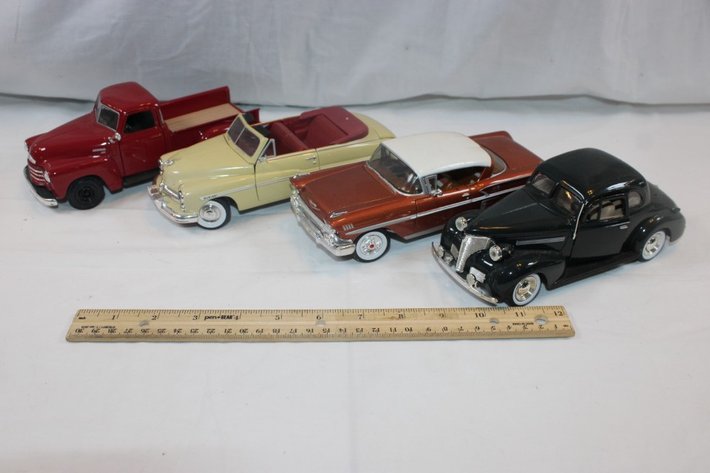 Image for Four 1:24 Scale Diecast Cars: 1939 Chevy Coupe, Classic Metal Works '50s Chevy Impala, Classic Metal Works Mercury Convertible, and Maisto 1950 Chevy 3100