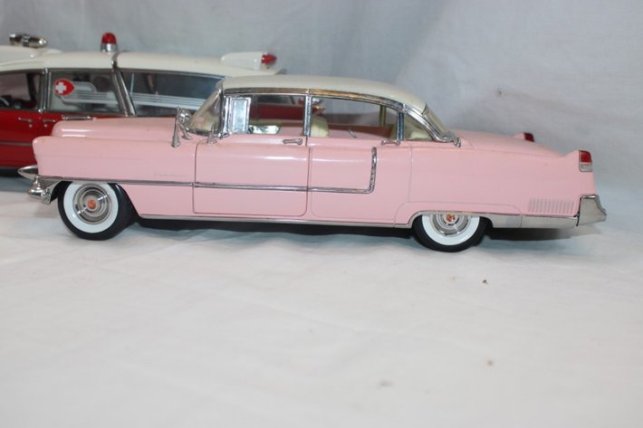 Image for 4 1:18 Scale Cars, MRC Pink Cadillac, Precision 1959 Cadillac Ambulance, 1958 Cadillac, Maisto 1959 Cadillac