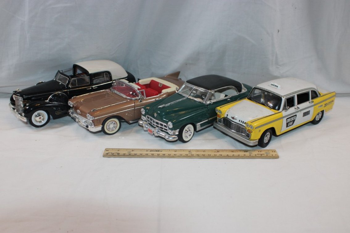 4 1:18 Scale Cars, Signature 1958 Cadillac, 1949 Cadillac, 1961 Checker Cab, 1938 Cadillac