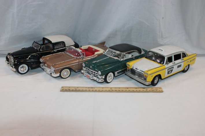 Image for 4 1:18 Scale Cars, Signature 1958 Cadillac, 1949 Cadillac, 1961 Checker Cab, 1938 Cadillac