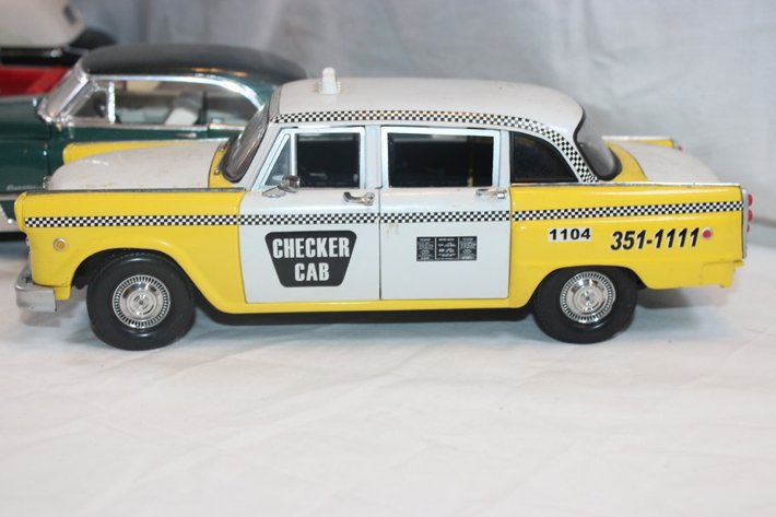 Image for 4 1:18 Scale Cars, Signature 1958 Cadillac, 1949 Cadillac, 1961 Checker Cab, 1938 Cadillac
