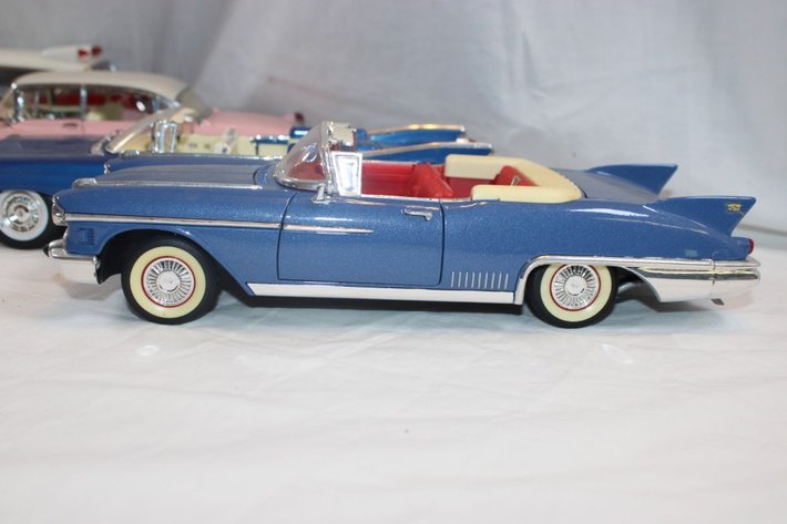 Image for 4 1:18 Scale Cars, MRC Pink Cadillac, Precision 1959 Cadillac Ambulance, 1958 Cadillac, Maisto 1959 Cadillac