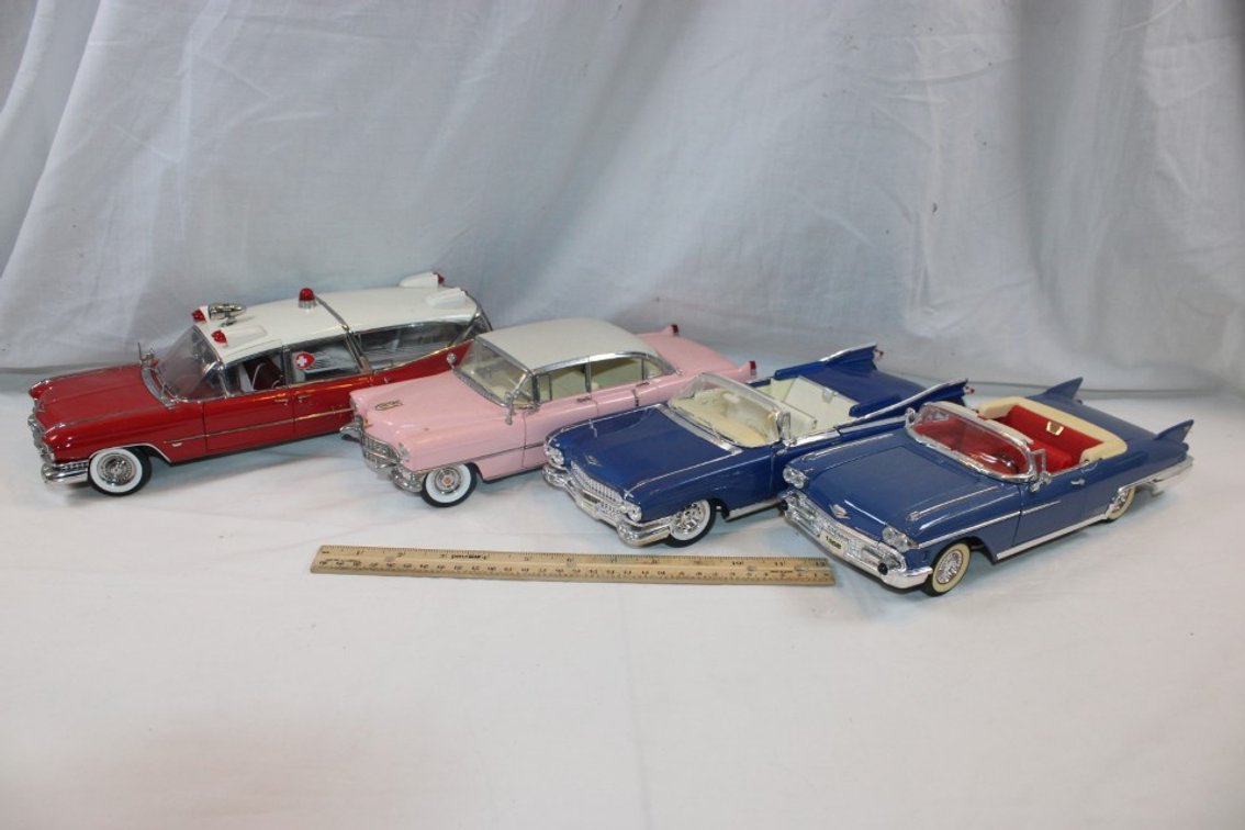 4 1:18 Scale Cars, MRC Pink Cadillac, Precision 1959 Cadillac Ambulance, 1958 Cadillac, Maisto 1959 Cadillac