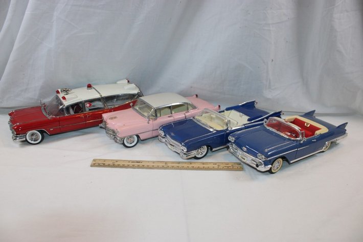 Image for 4 1:18 Scale Cars, MRC Pink Cadillac, Precision 1959 Cadillac Ambulance, 1958 Cadillac, Maisto 1959 Cadillac