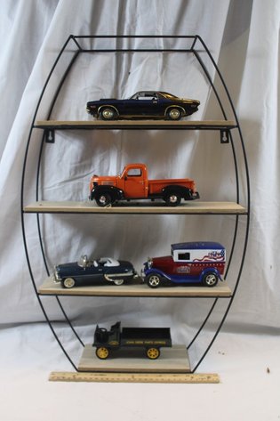 Image for Display Shelf with Five 1:24 Scale Diecast Cars: 1970 Dodge Challenger Motor Max, 1941 Plymouth Truck, 1954 Chevy Bel Air, Liberty Billy Ray Cyrus Limited Edition One of 5000 Ford Model A Delivery Truck Bank