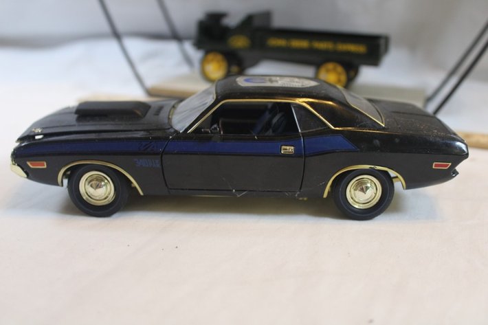 Image for Display Shelf with Five 1:24 Scale Diecast Cars: 1970 Dodge Challenger Motor Max, 1941 Plymouth Truck, 1954 Chevy Bel Air, Liberty Billy Ray Cyrus Limited Edition One of 5000 Ford Model A Delivery Truck Bank