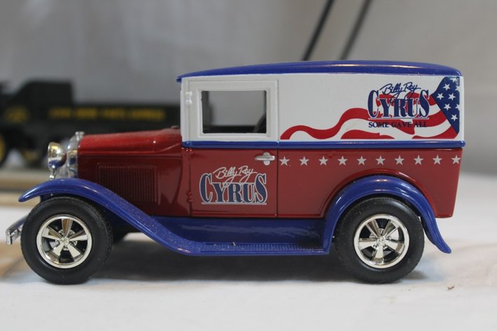 Image for Display Shelf with Five 1:24 Scale Diecast Cars: 1970 Dodge Challenger Motor Max, 1941 Plymouth Truck, 1954 Chevy Bel Air, Liberty Billy Ray Cyrus Limited Edition One of 5000 Ford Model A Delivery Truck Bank