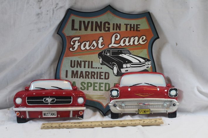 Image for Mustang and 57 Chevy Key Racks, and a Wall Plaque, Mustang Has Damage to the Wheel