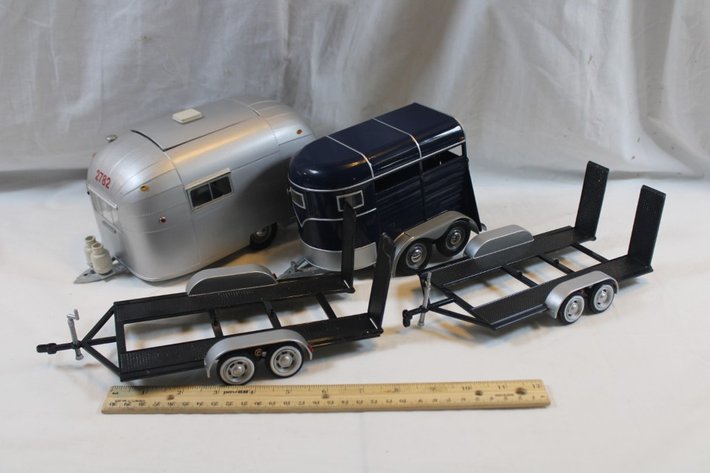 Image for Four Diecast Trailers, One 1:18 Scale Airstream Motor City Classics, One 1:18 Scale Horse Trailer Motor City Classics, and Two Car Haulers