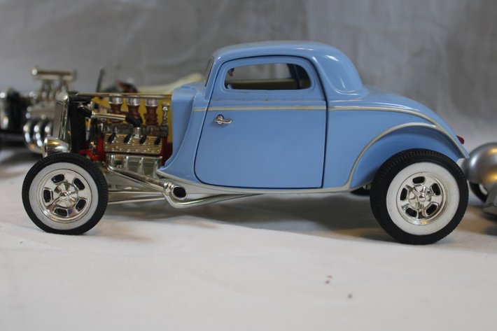 Image for Six Diecast Cars, Three Ertl Ford T-Buckets, Jada 1934 Ford, Racing Champions 33 Ford, and a 34 Chevy Brickyard 400 Coin Bank