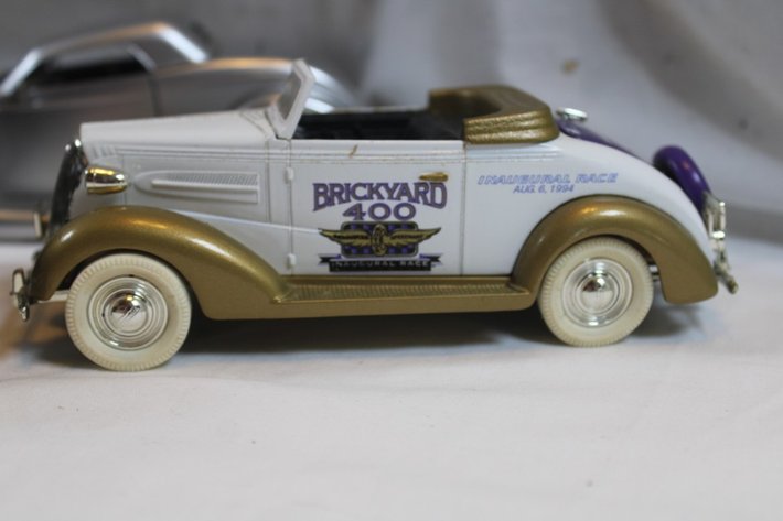 Image for Six Diecast Cars, Three Ertl Ford T-Buckets, Jada 1934 Ford, Racing Champions 33 Ford, and a 34 Chevy Brickyard 400 Coin Bank