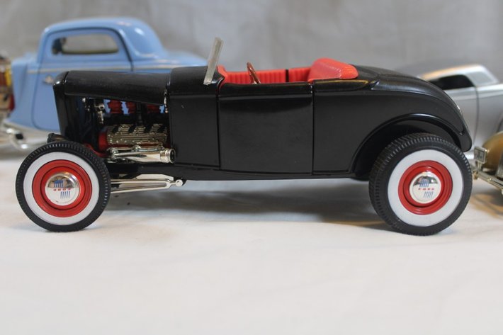 Image for Six Diecast Cars, Three Ertl Ford T-Buckets, Jada 1934 Ford, Racing Champions 33 Ford, and a 34 Chevy Brickyard 400 Coin Bank