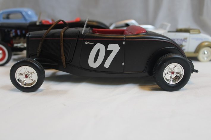 Image for Six Diecast Cars, Three Ertl Ford T-Buckets, Jada 1934 Ford, Racing Champions 33 Ford, and a 34 Chevy Brickyard 400 Coin Bank