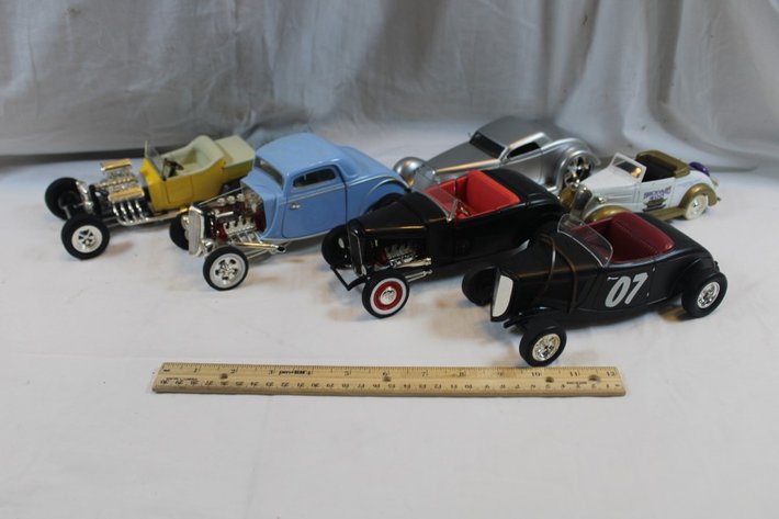 Image for Six Diecast Cars, Three Ertl Ford T-Buckets, Jada 1934 Ford, Racing Champions 33 Ford, and a 34 Chevy Brickyard 400 Coin Bank