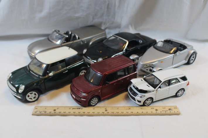Image for Six Diecast Cars, Plymouth Prowler Maisto, 1:18 Scale Thunderbird, 1:18 Scale Mini Cooper, 1:18 Scale 2000 Chevy SSR, 1:24 Scale Scion xB, and 1:32 Scale Mercedes