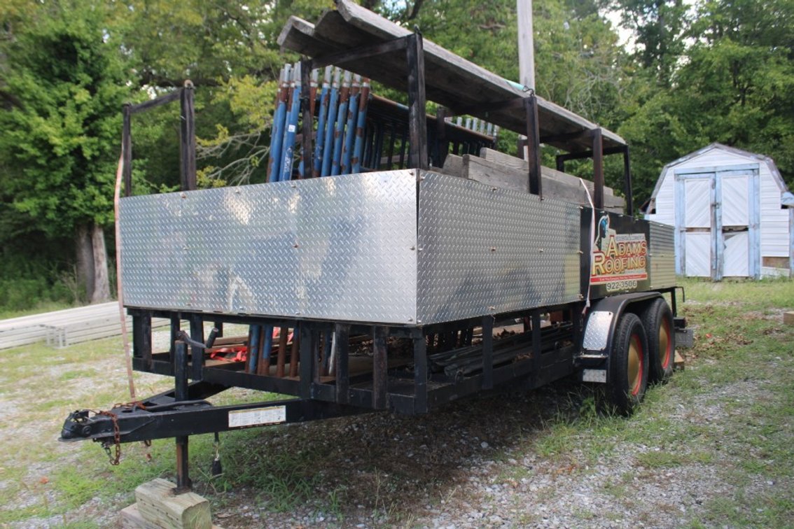 Dual Axle Utility Trailer Drop Ramp Fitted with Racks. Was Used for Scaffolding Hauling
